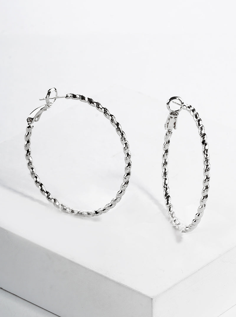 White Gold Dipped Textured Metal 35mm Leverback Hoop Earrings