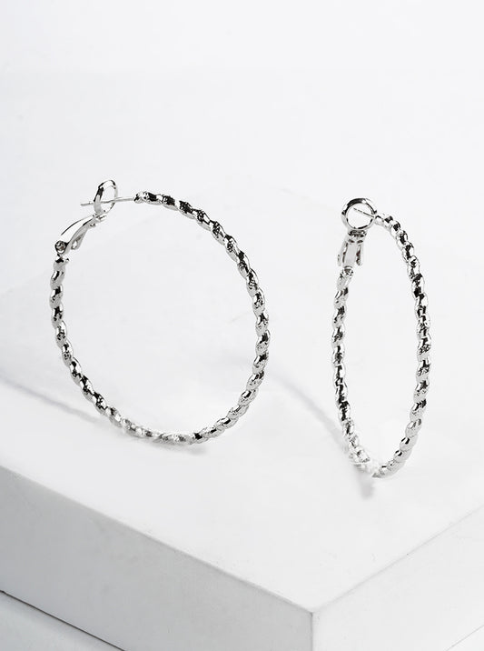 White Gold Dipped Textured Metal 35mm Leverback Hoop Earrings