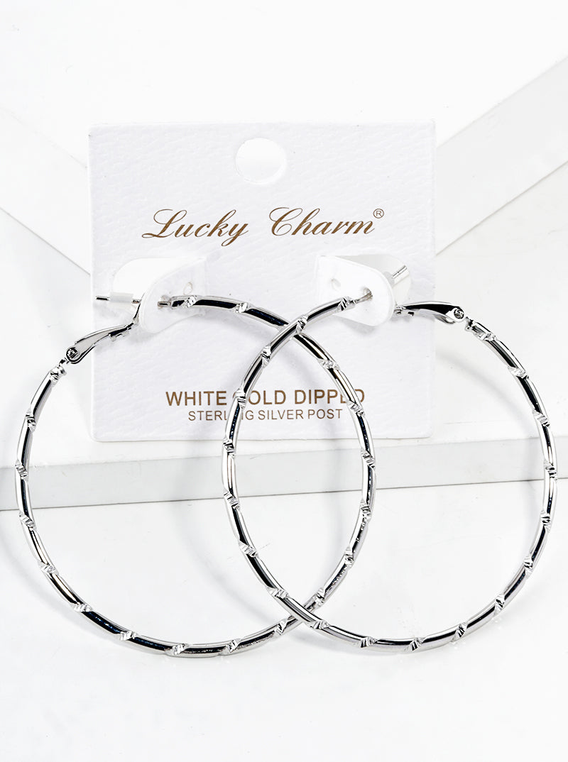 White Gold Dipped Textured Metal 50mm Leverback Hoop Earrings