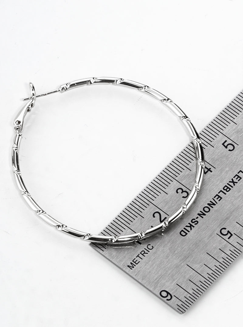 White Gold Dipped Textured Metal 50mm Leverback Hoop Earrings