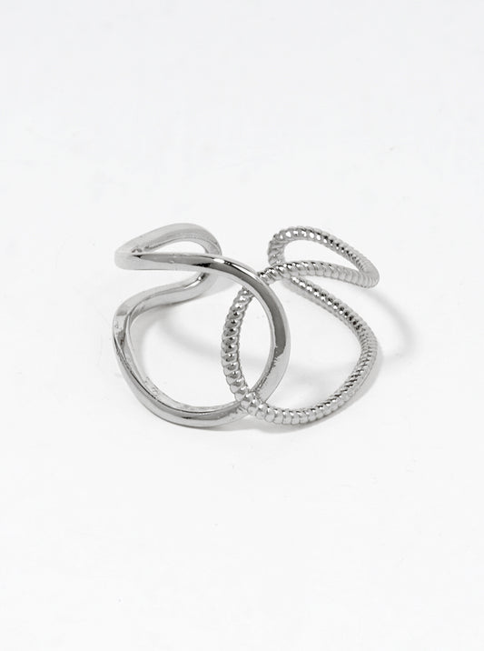 White Gold Dipped Textured Metal Adjustable Interlocking Ring