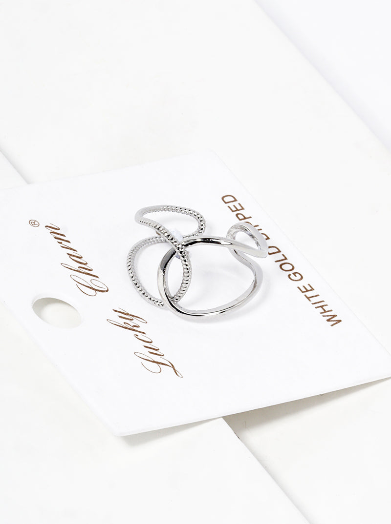 White Gold Dipped Textured Metal Adjustable Interlocking Ring