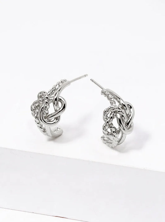 White Gold Dipped Textured Metal Love Knot 15mm Open Hoop Earrings