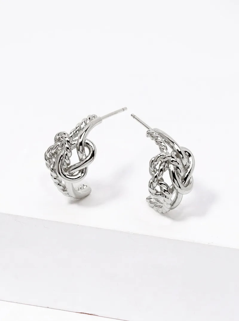 White Gold Dipped Textured Metal Love Knot 15mm Open Hoop Earrings