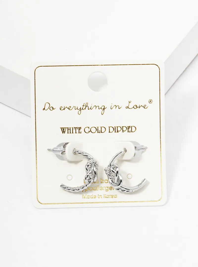 White Gold Dipped Textured Metal Love Knot 15mm Open Hoop Earrings