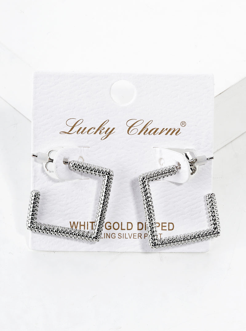 White Gold Dipped Textured Metal Square 20mm Open Hoop Earrings