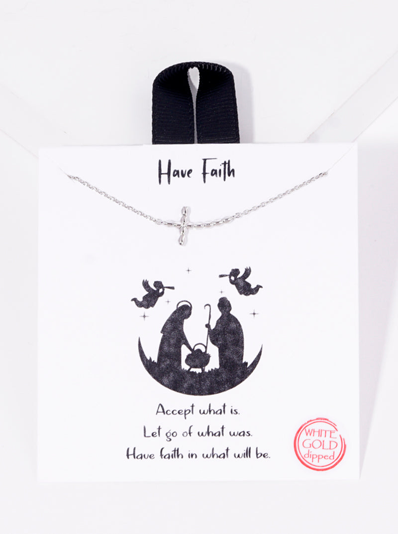 White Gold Dipped Textured Sideways Cross Pendant Necklace