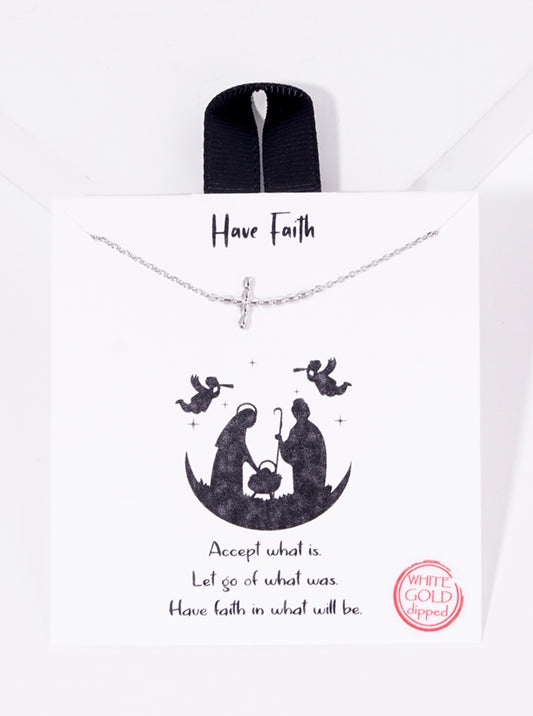 White Gold Dipped Textured Sideways Cross Pendant Necklace