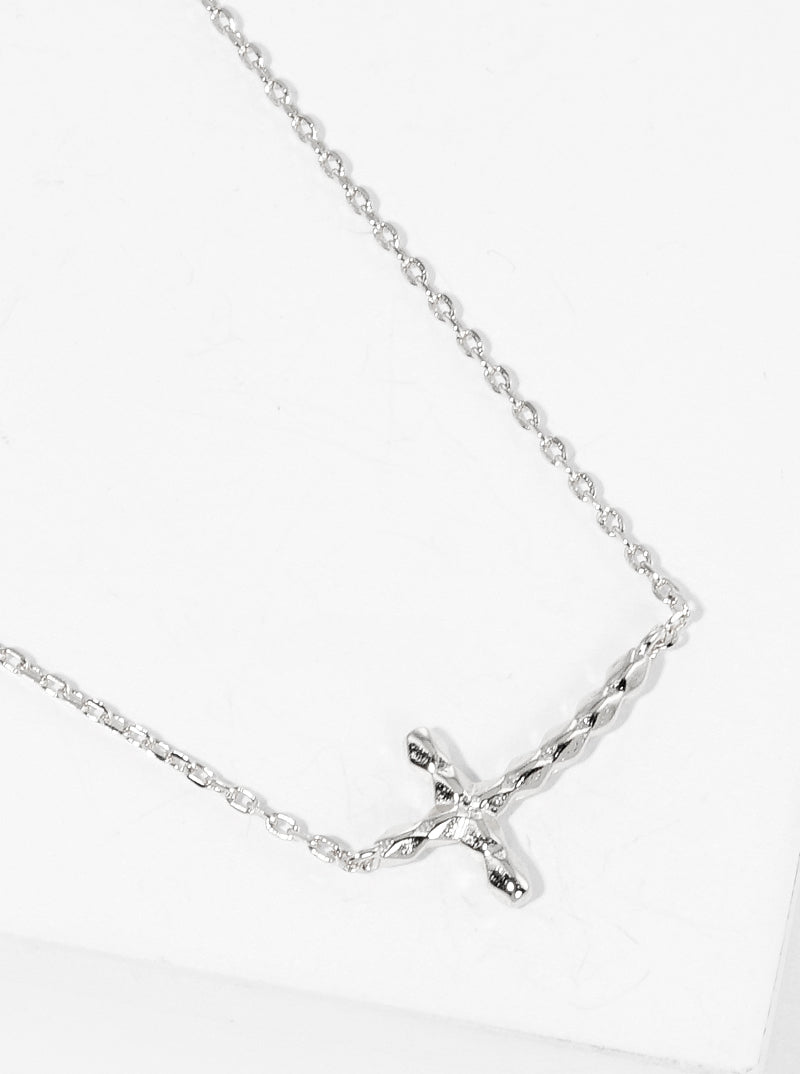White Gold Dipped Textured Sideways Cross Pendant Necklace