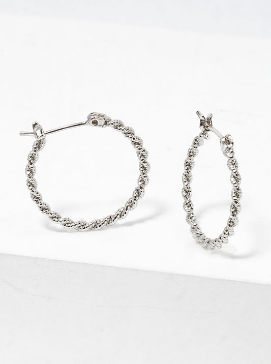 White Gold Dipped Textured Twist 20mm Leverback Hoop Earrings