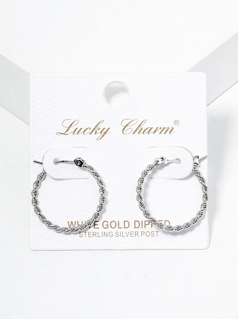 White Gold Dipped Textured Twist 20mm Leverback Hoop Earrings