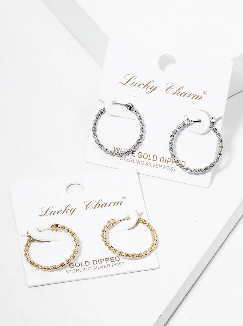 White Gold Dipped Textured Twist 20mm Leverback Hoop Earrings