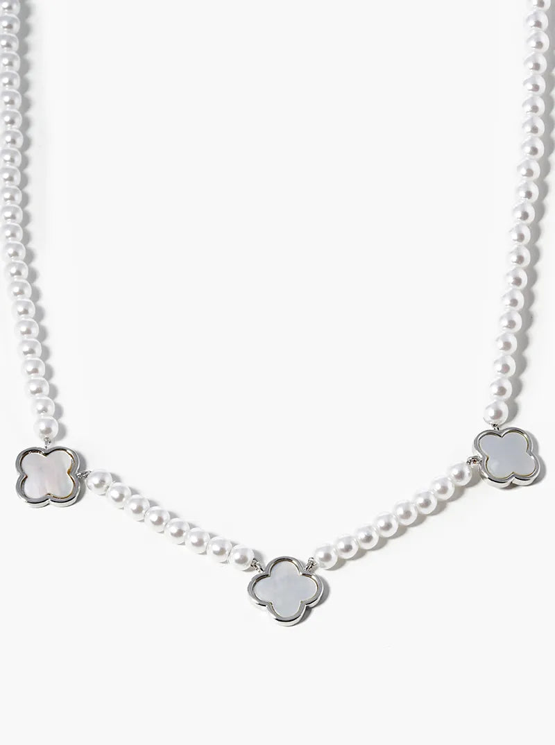 White Gold Dipped Three 10mm Mother Of Pearl Quatrefoil Pendant Necklace