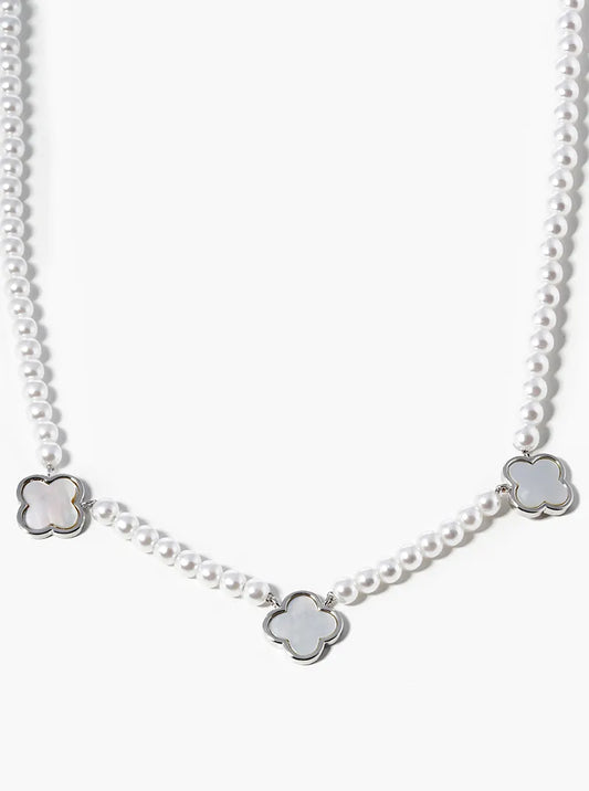 White Gold Dipped Three 10mm Mother Of Pearl Quatrefoil Pendant Necklace