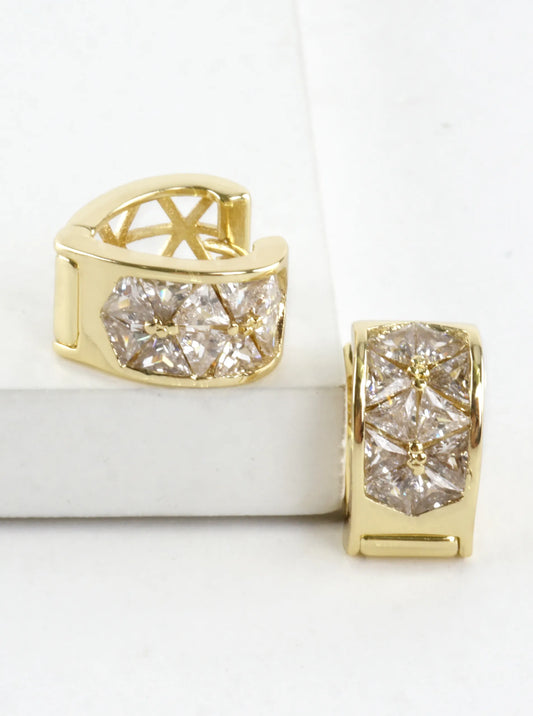 Wide Inset CZ Brass Huggie Hoop Earrings