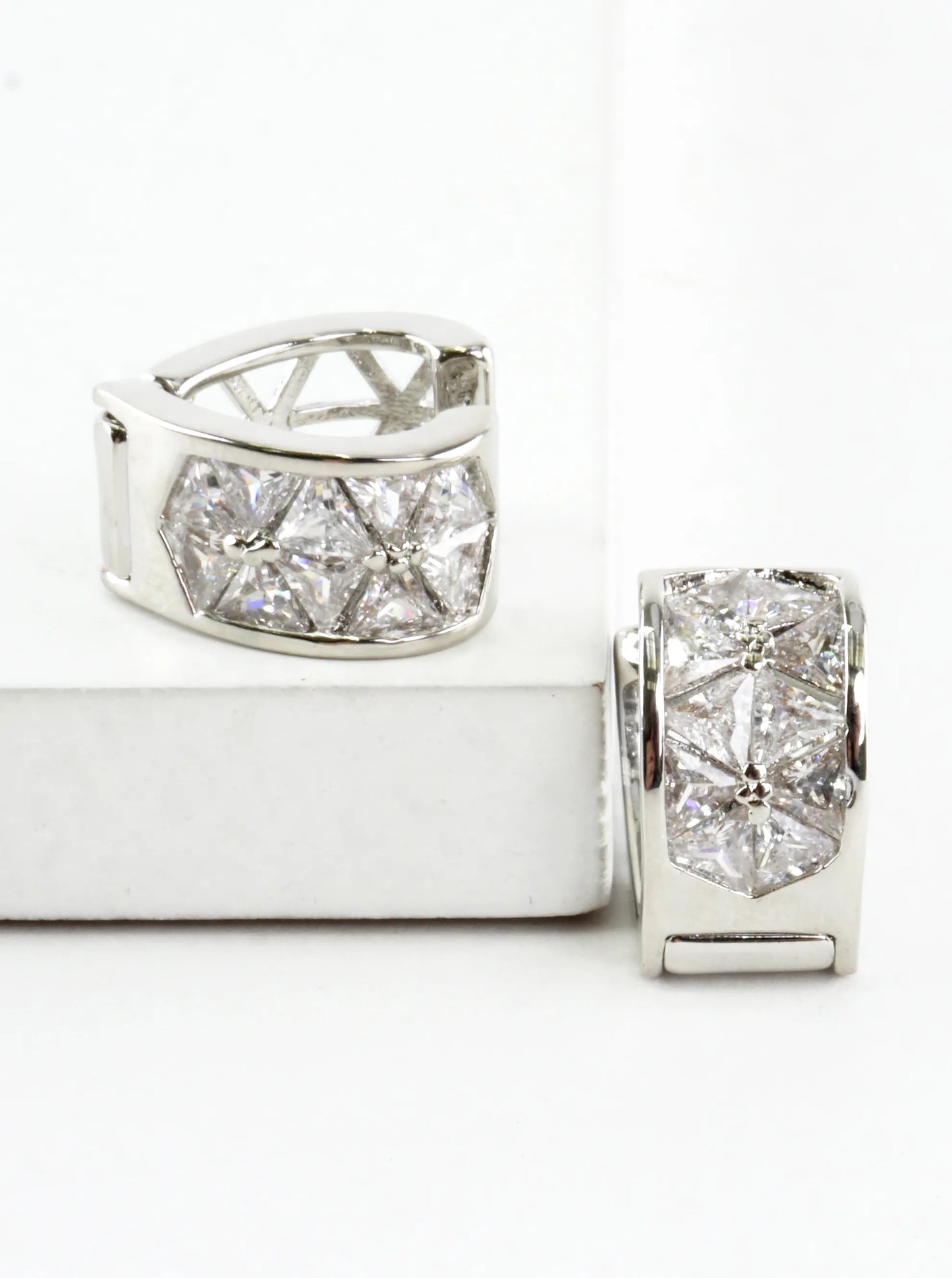 Wide Inset CZ Brass Huggie Hoop Earrings