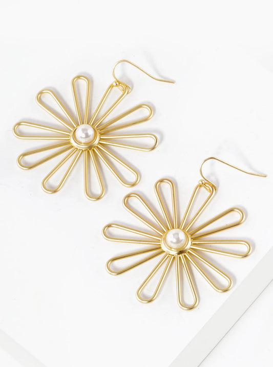 Wire Pearl Flower Dangle Drop Earrings