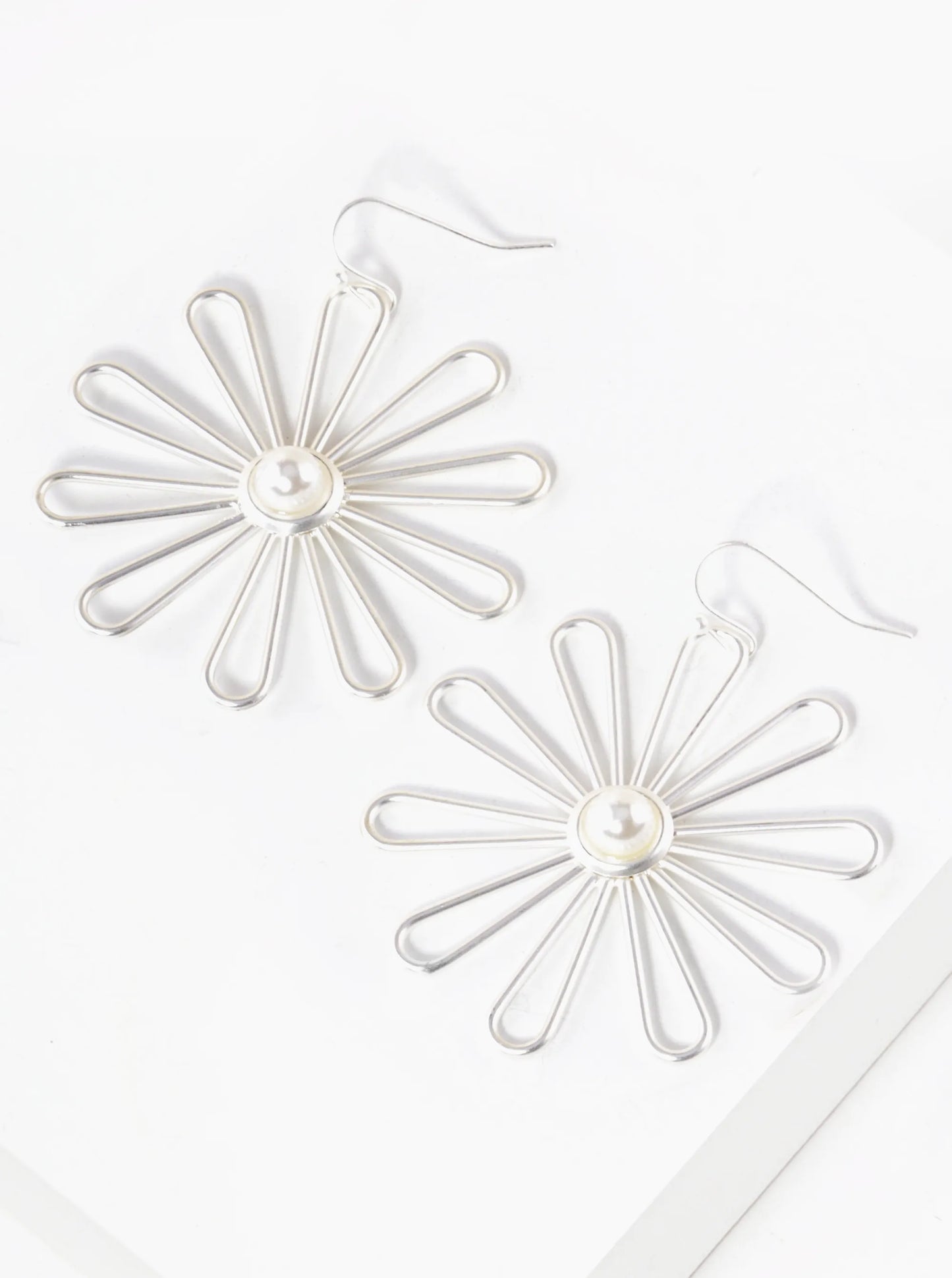 Wire Pearl Flower Dangle Drop Earrings