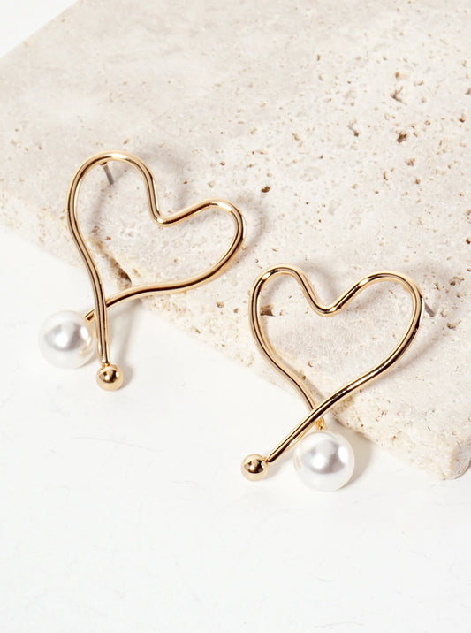 Wire Pearl Heart Post Earrings