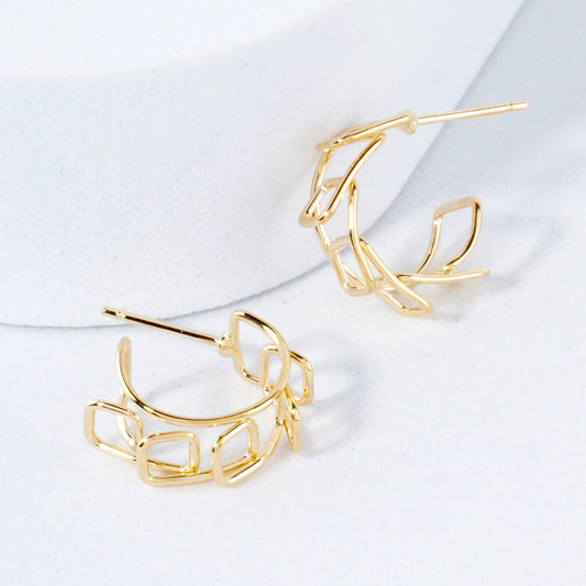 Wire Sculpted Geometric 13mm 14K-Gold-Dipped Brass Open Huggie Hoop Earrings
