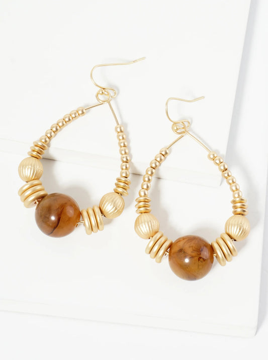 Wire Teardrop Earrings With Metallic Beads And Centered Natural Stone