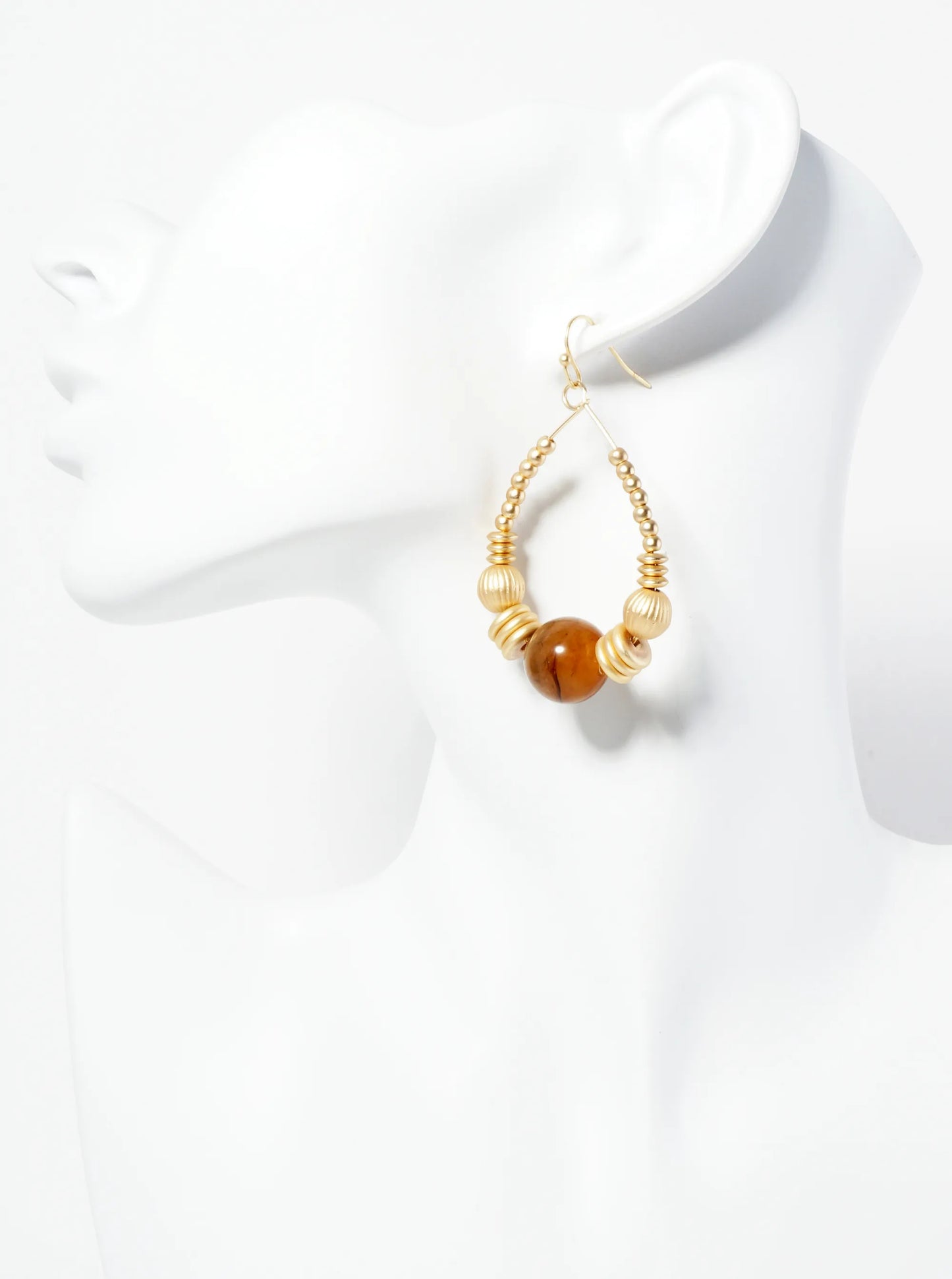 Wire Teardrop Earrings With Metallic Beads And Centered Natural Stone