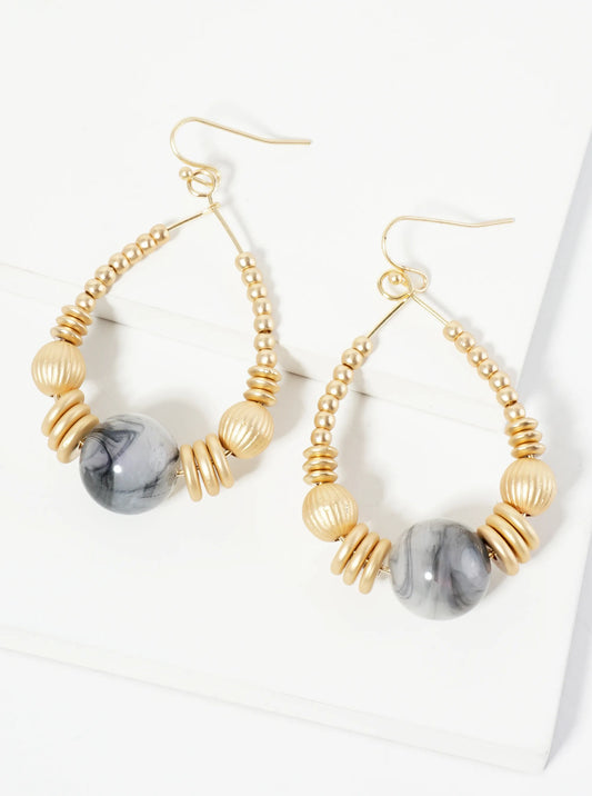 Wire Teardrop Earrings With Metallic Beads And Centered Natural Stone