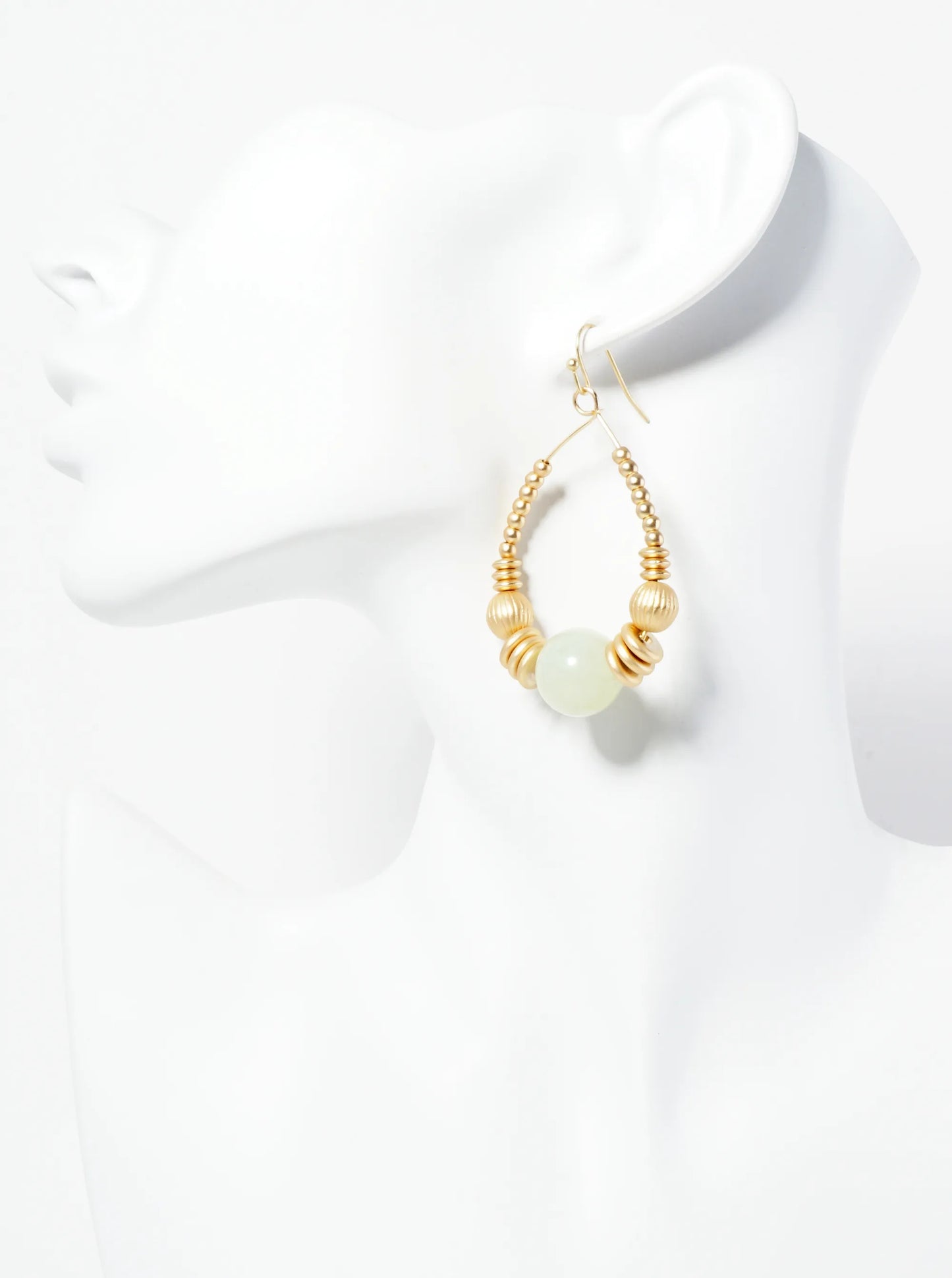 Wire Teardrop Earrings With Metallic Beads And Centered Natural Stone