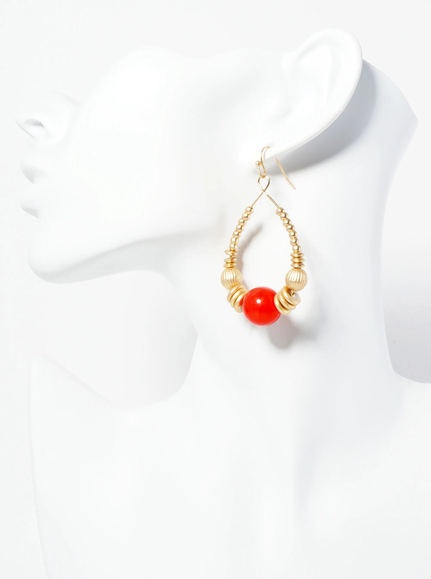 Wire Teardrop Earrings With Metallic Beads And Centered Natural Stone