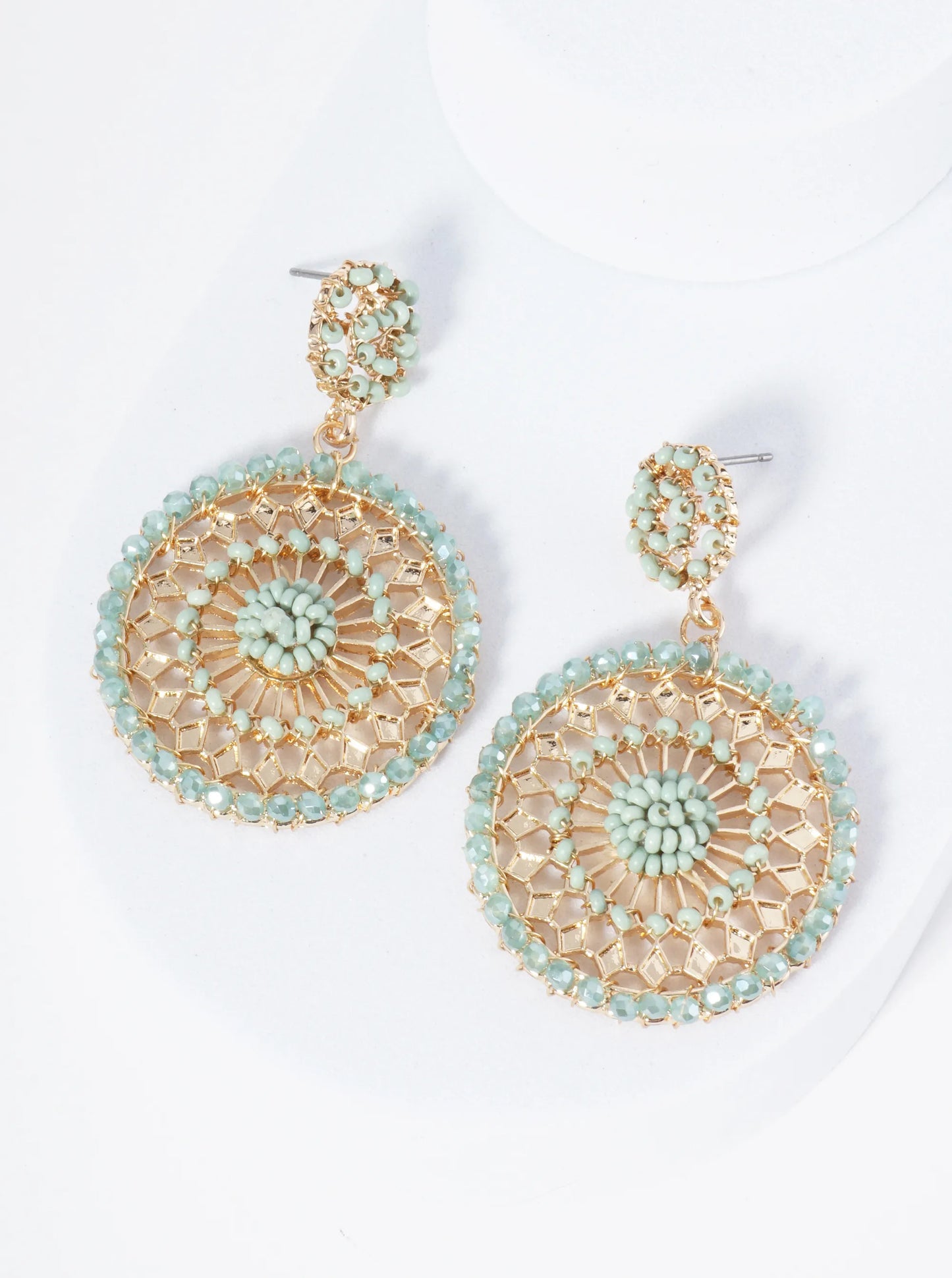 Wire-Wrapped Glass Bead Post Drop Earrings With Intricate Pattern