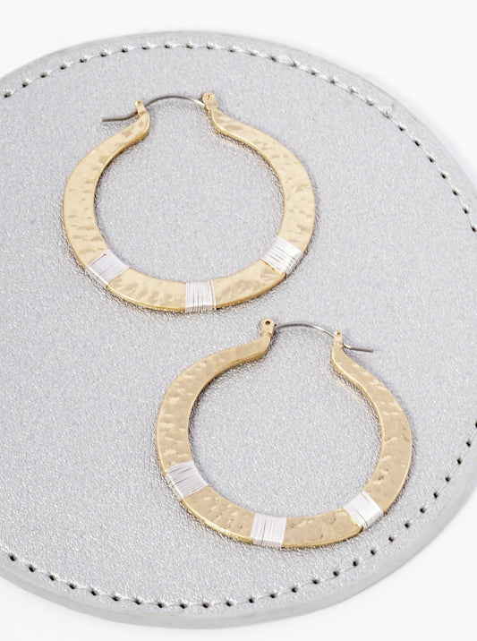 Wire Wrapped Hammered Metal 35mm Hoop Earrings