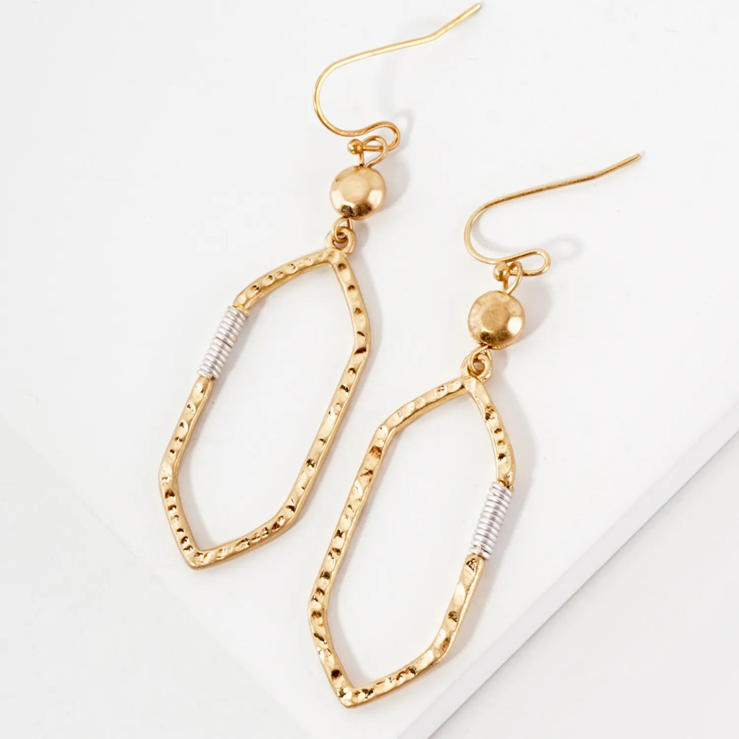 Wire-Wrapped Hammered-Texture Elongated Hexagon Drop Earrings