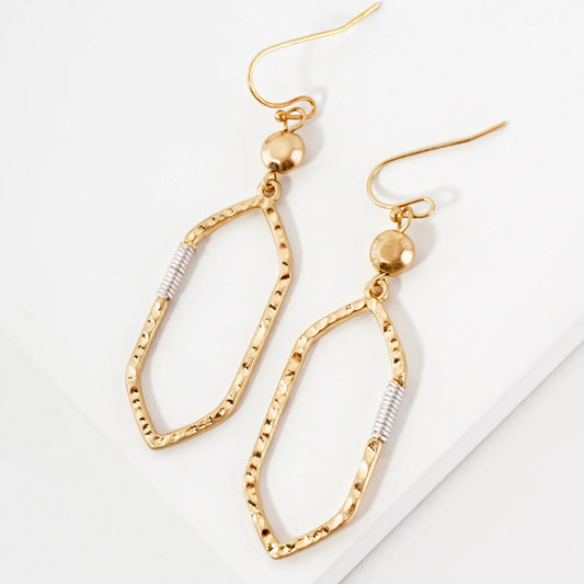 Wire-Wrapped Hammered-Texture Elongated Hexagon Drop Earrings