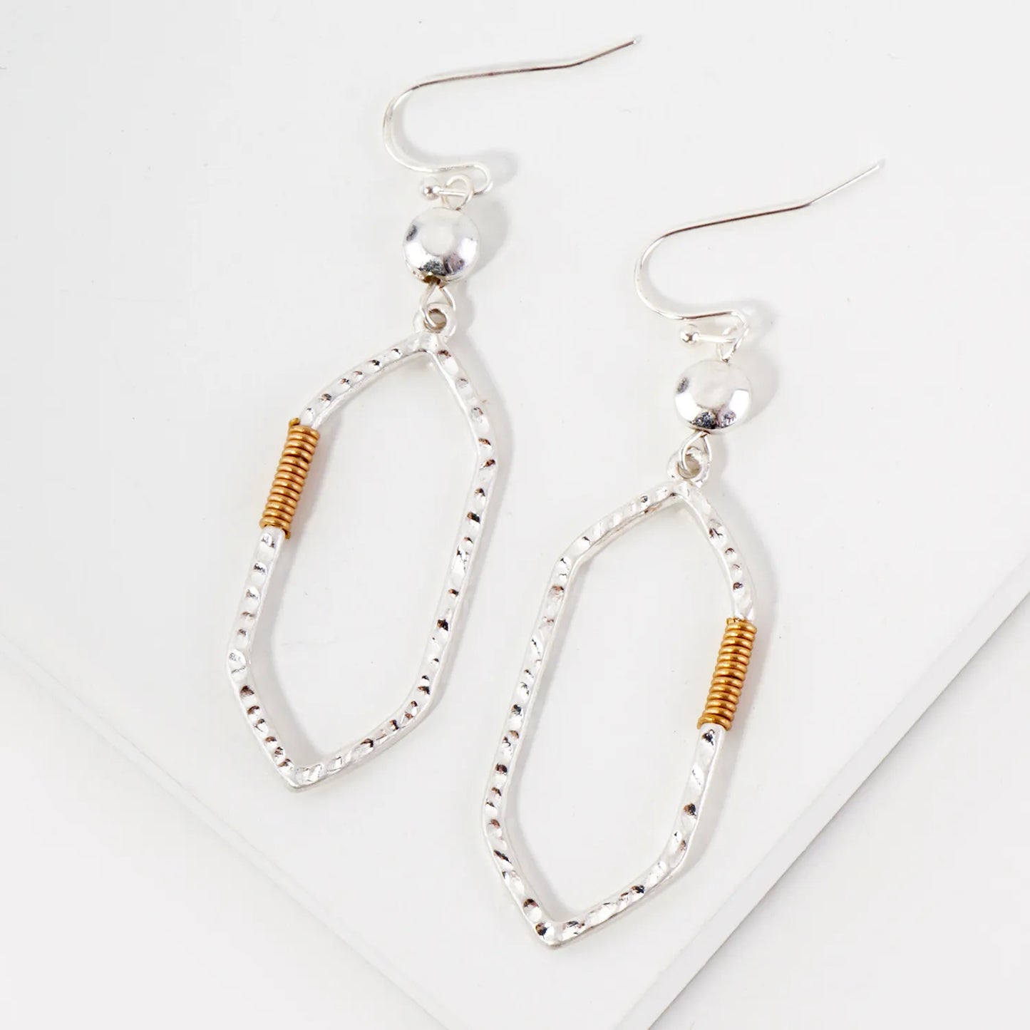 Wire-Wrapped Hammered-Texture Elongated Hexagon Drop Earrings