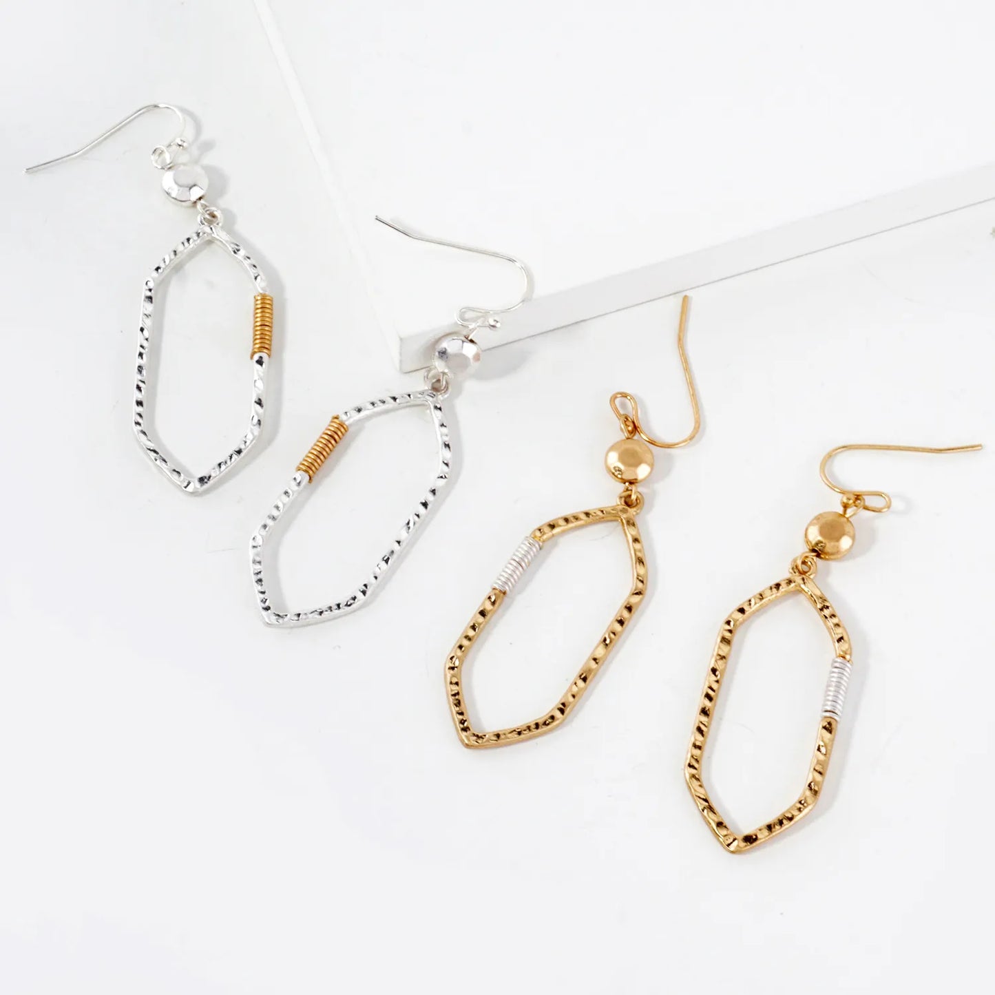 Wire-Wrapped Hammered-Texture Elongated Hexagon Drop Earrings