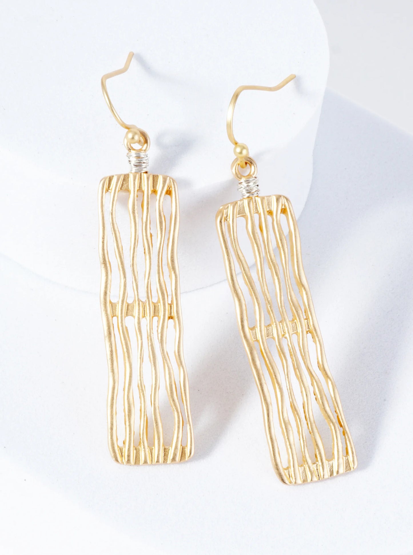 Wire Wrapped Organic Line Design Rectangular Dangle Earrings