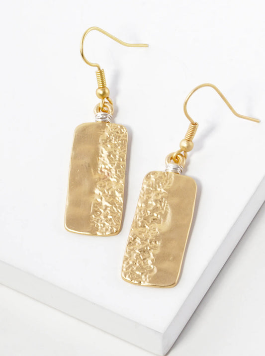 Wire Wrapped Textured Metal Rectangle Drop Dangle Earrings