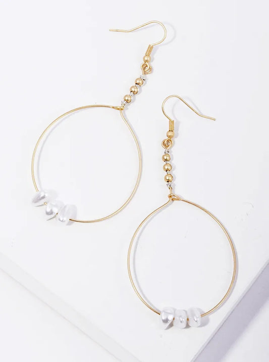 Wire Wrapped Circle With Pearl Bead Dangle Drop Earrings