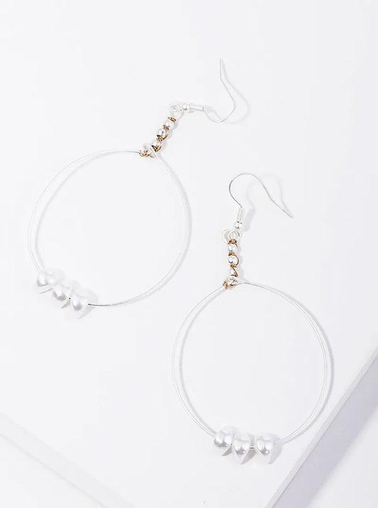 Wire Wrapped Circle With Pearl Bead Dangle Drop Earrings