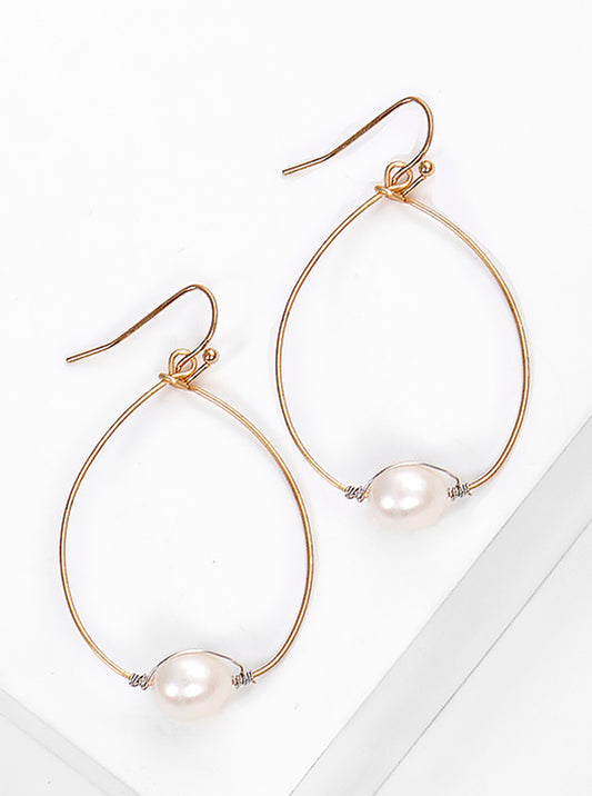 Wire Wrapped Freshwater Pearl Teardrop Dangle Earrings