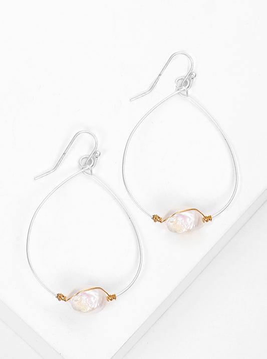 Wire Wrapped Freshwater Pearl Teardrop Dangle Earrings