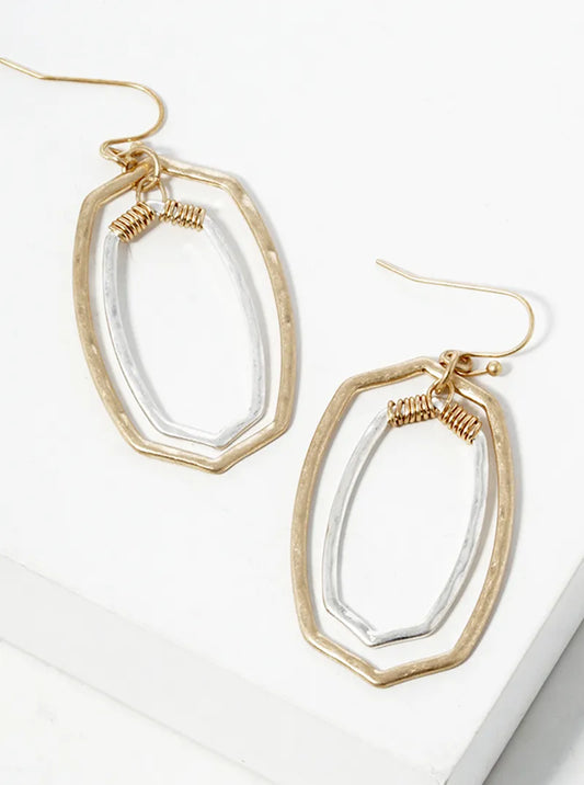 Wire Wrapped Metal Double Rounded Hexagon Dangle Drop Earrings