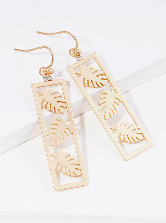 Wire Wrapped Metal Rectangle Monstera Leaf Dangle Drop Earrings