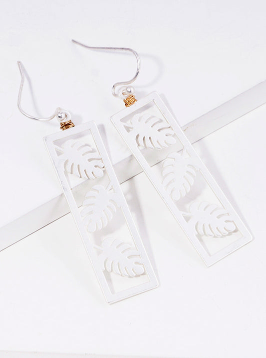 Wire Wrapped Metal Rectangle Monstera Leaf Dangle Drop Earrings