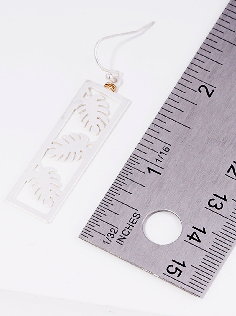 Wire Wrapped Metal Rectangle Monstera Leaf Dangle Drop Earrings