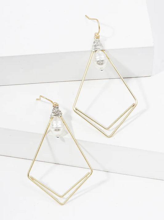 Wire Wrapped Pearl Kite Shape Dangle Drop Earrings