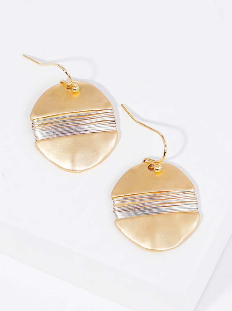 Wire Wrapped Two Tone Hammered Metal Disc Dangle Drop Earrings