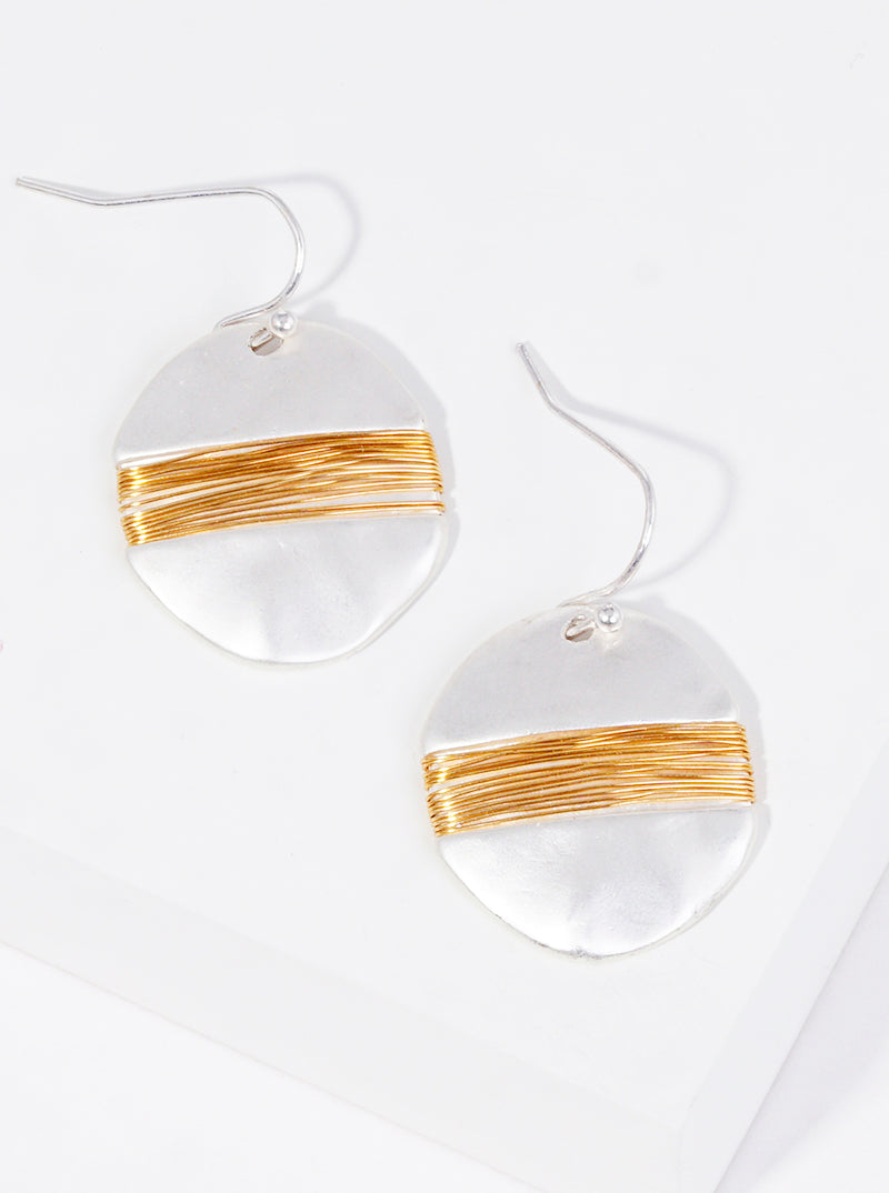 Wire Wrapped Two Tone Hammered Metal Disc Dangle Drop Earrings