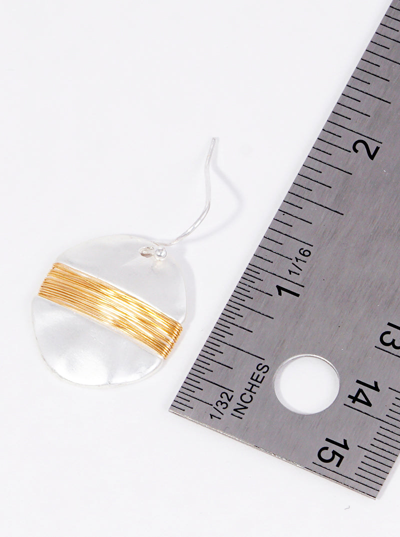 Wire Wrapped Two Tone Hammered Metal Disc Dangle Drop Earrings