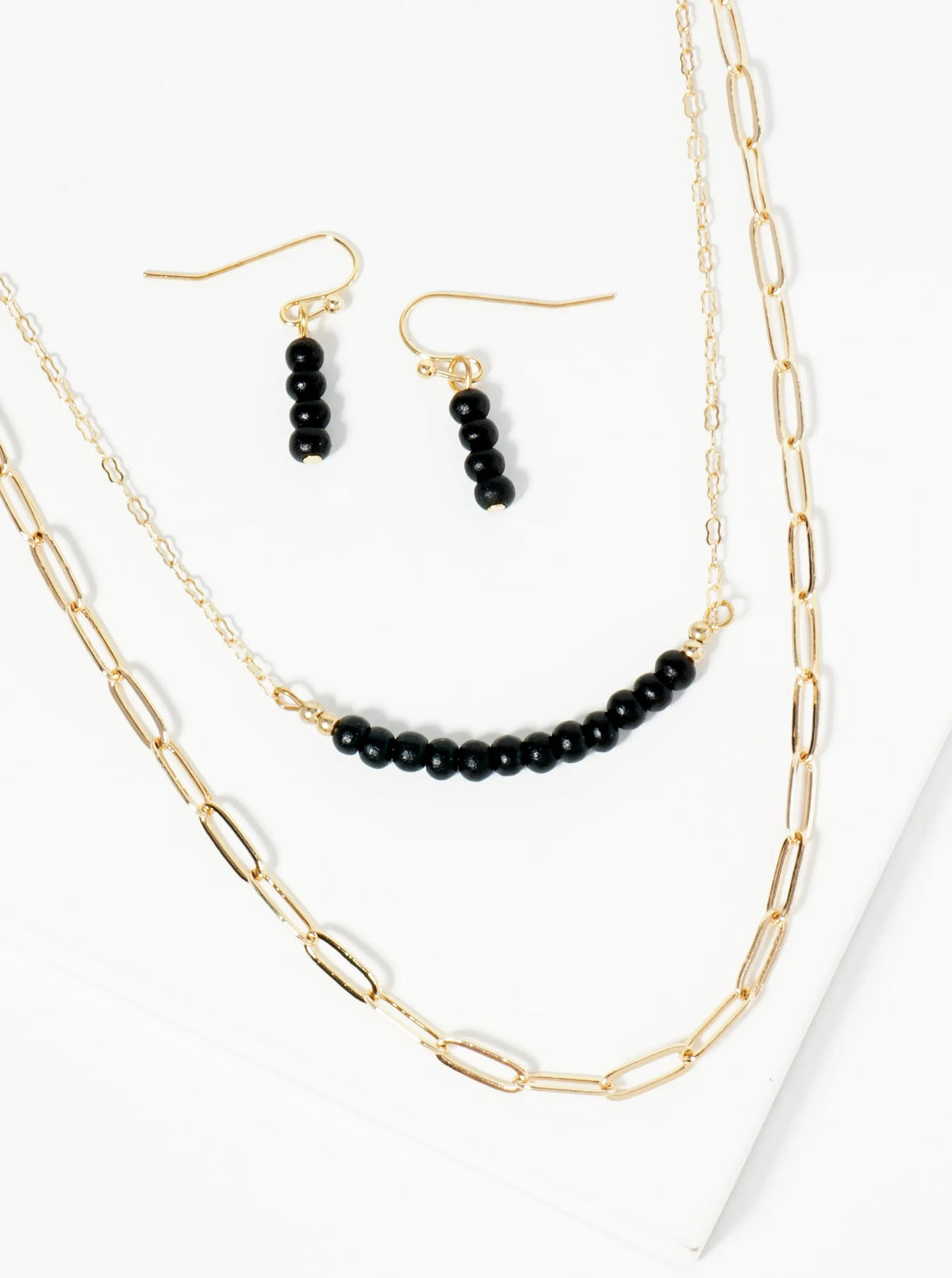 Wood Beaded Layered Chain Necklace Set With Earrings